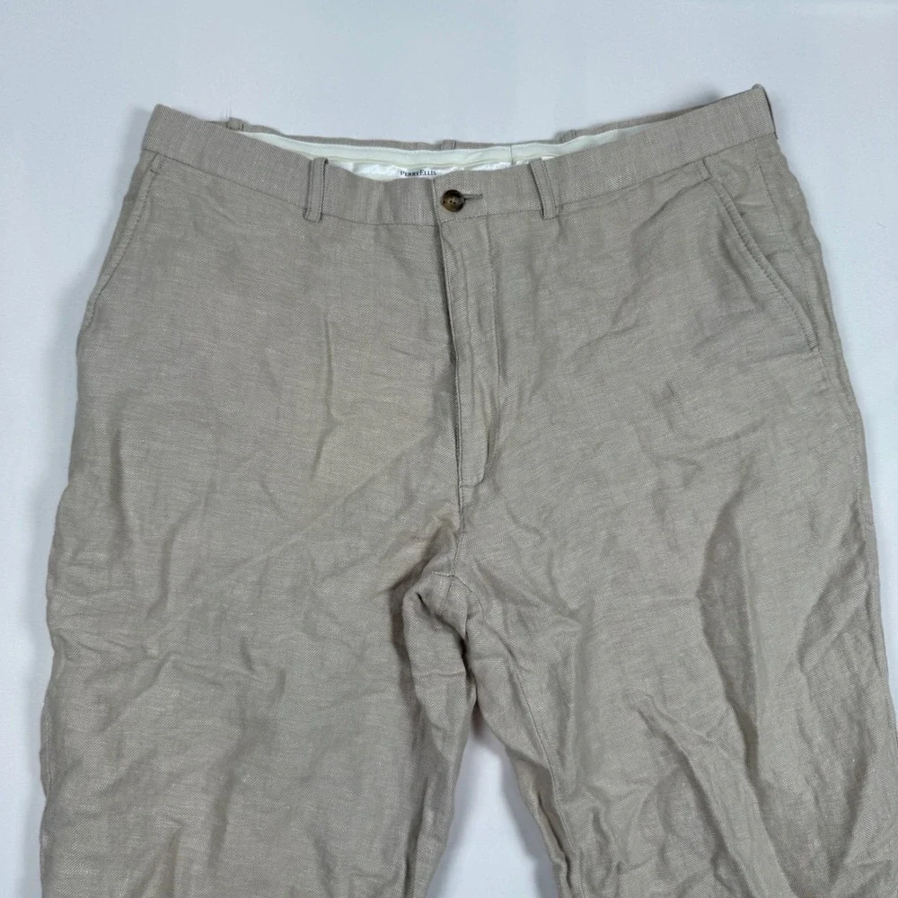 Perry Ellis Mens 36x30 Linen Cotton Herringbone Dress Pants Beige Tan Straight